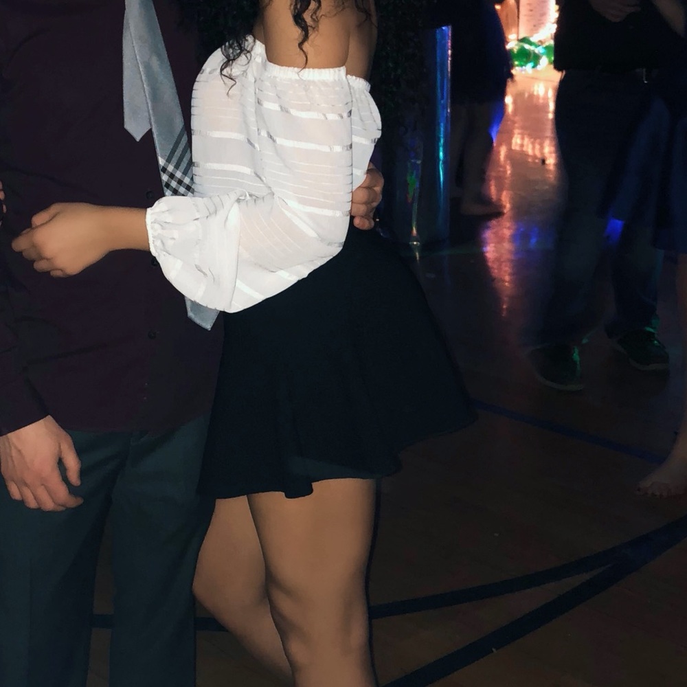 Off the shoulder white top + black skater skirt